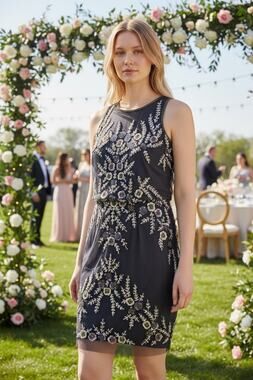 Adrianna Papell Navy Floral Sequin Dress Wedding Guest